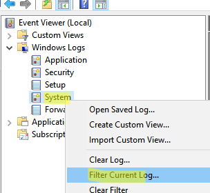 Фильтр журнала событий Event Viewer