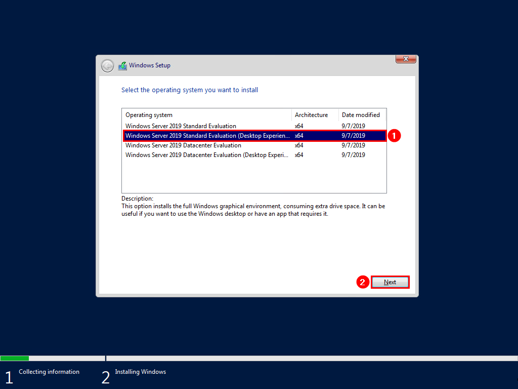 Выбор Windows Server 2019 Standard Evaluation Desktop Experience