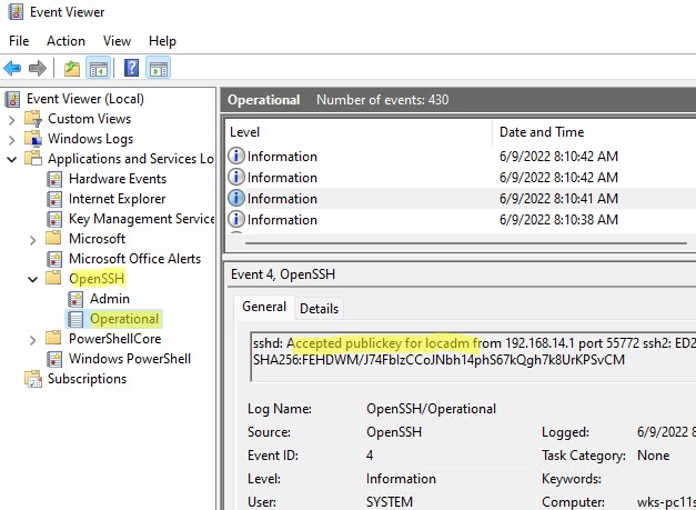 событие ssh аутентфикации по ключу в event viewer windows 11