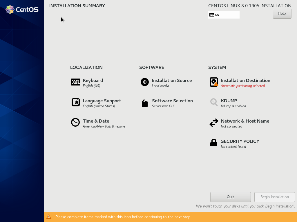 параметры установки centos 8