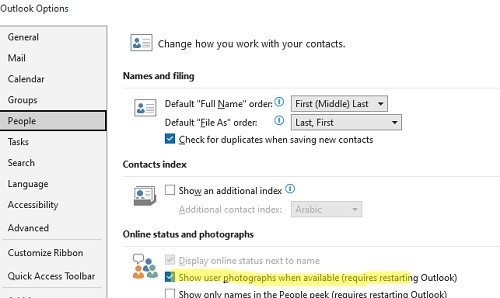 Показать фотографии контактов пользователей в Outlook 