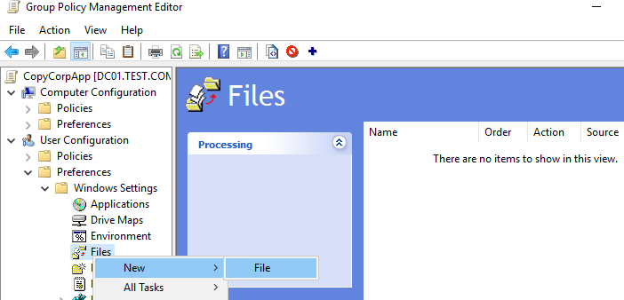 User Configuration –> Preferences -> Windows Settings -> Files - политика копирования файлов