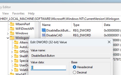 Параметр реестра DisableBackButton