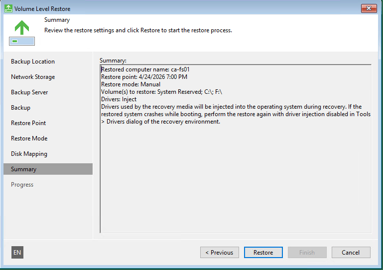 Summary перед запуском Bare Metal Recovery Veeam