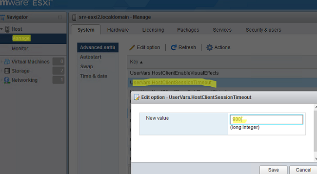 изменить параметр UserVars.HostClientSessionTimeout на хосте VMware ESXi