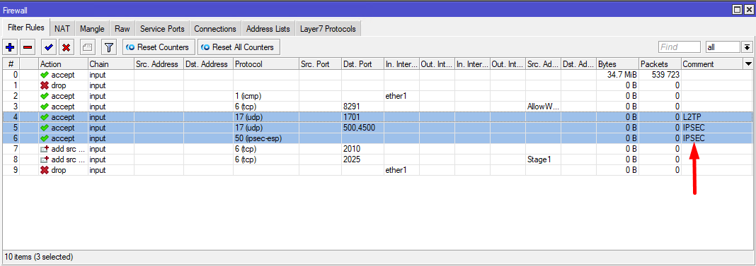 Готовые правила Firewall для L2TP IPsec MikroTik