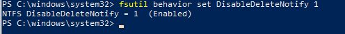 fsutil behavior set DisableDeleteNotify отключить TRIM в Windows