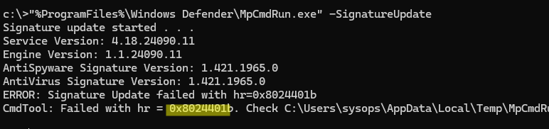 MpCmdRun.exe - ошибка обновления баз 0x8024401b