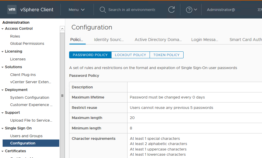 vmware SSO политики паролей