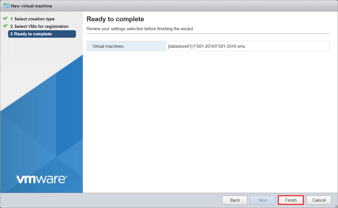 Завершение регистрации виртуальной машины VMware ESXi