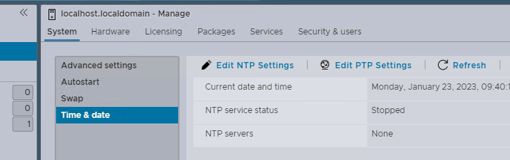 настройка времени и NTP в ESXi
