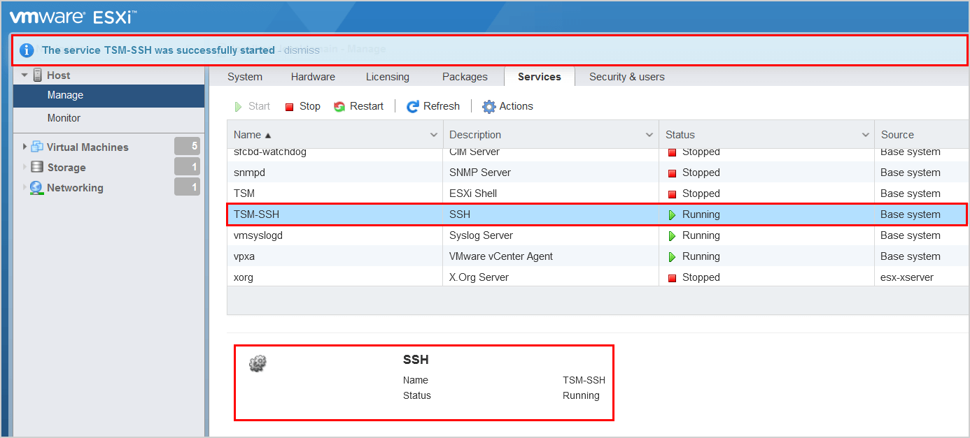 Запуск службы TSM-SSH на VMware ESXi