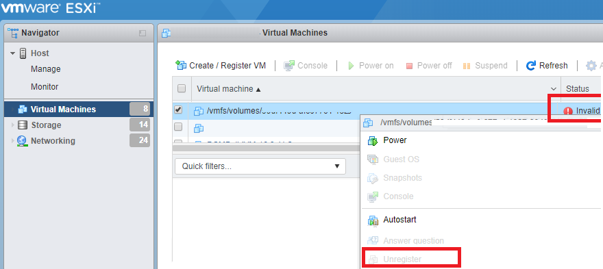 Invalid виртуальная машина на vmware esxi