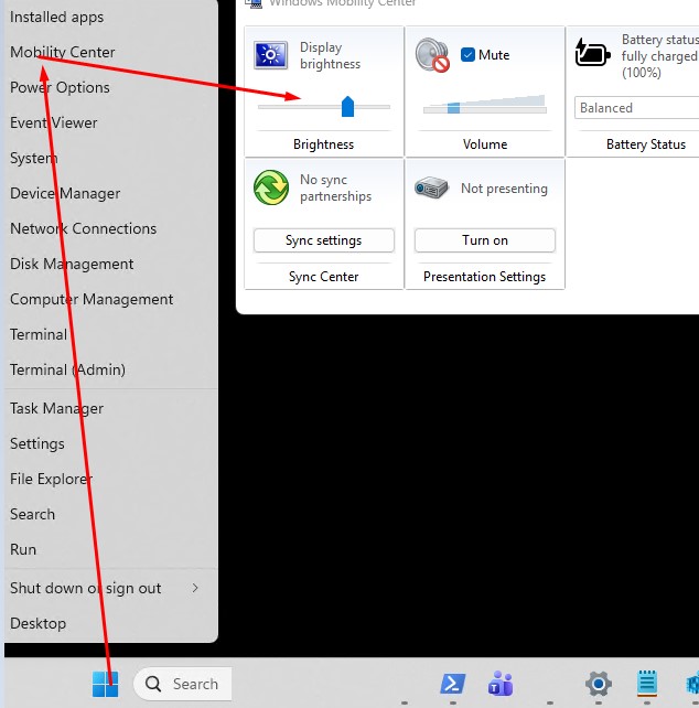 Параметры яркости экрана в центре мобильности Windows