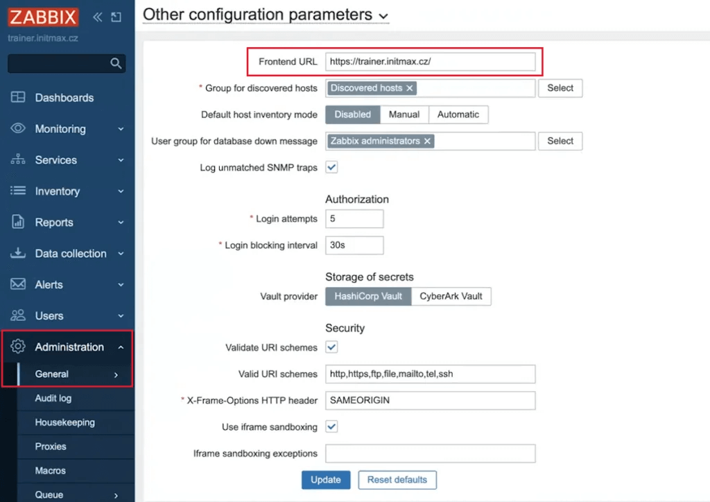 Настройка Frontend URL для Scheduled reports в Zabbix 7
