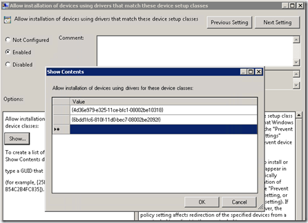 Allow installation of devices using drivers that match these device setup classes